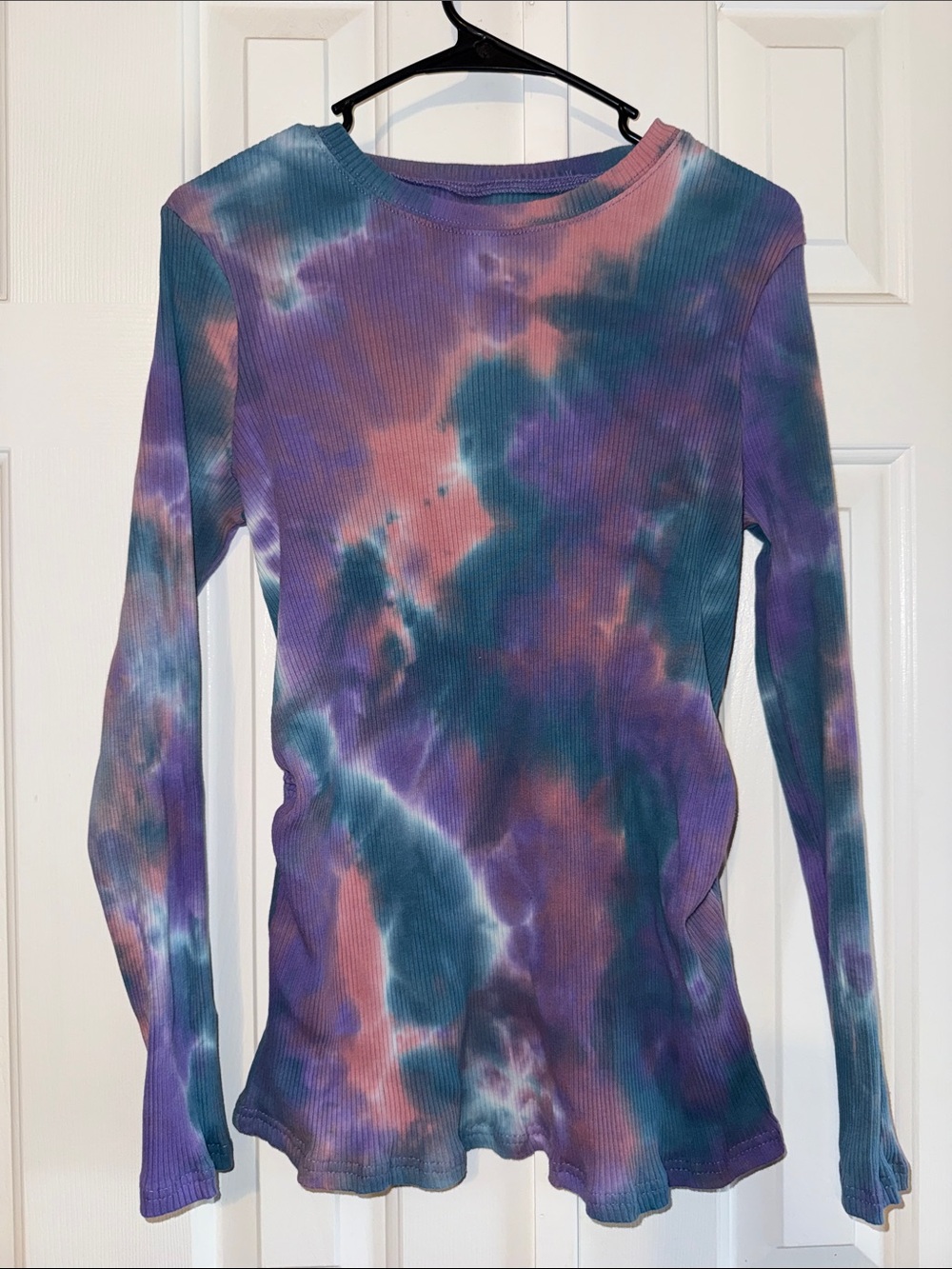 SHEIN Ribbed Tie-Dye Long Sleeve Top - Purple & Teal & Pink